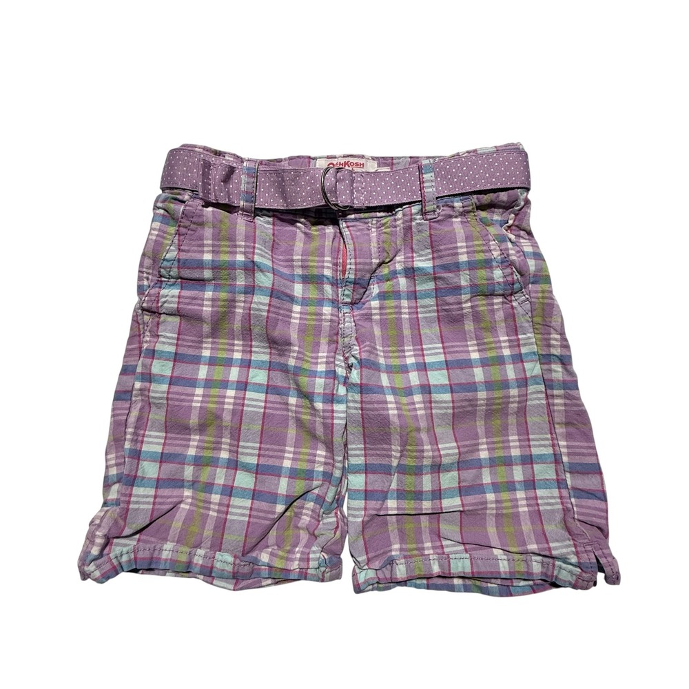 OshKosh Bgosh Girls Purple Plaid Shorts with Polka Dot Belt Y2K Era Size 6